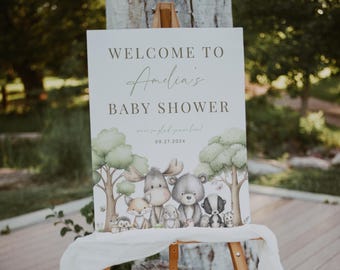 Woodland Creature Baby Shower Welcome Sign. Editable Boho Forest Animals Baby Shower Poster. Greenery Wild Animals Printable Template. BS91