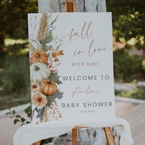 Falling In Love With Baby Welcome. Autumn Pumpkin Baby Shower Poster Printable. Boho Fall Floral Printable Decor. Editable Template. BS89