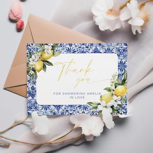 Amalfi Coast Bridal Shower Thank You. Editable Folded Card Template. Blue Tile & Lemons Printable. Instant Download. Italian Theme. FLL52