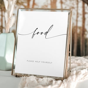 May include: A white sign with a gold frame, the sign says "food" in a cursive font and "please help yourself" in a smaller font.