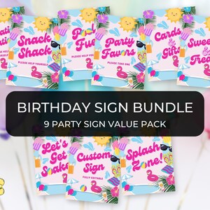 May include: Nine printable party signs with a summer theme. The signs feature pink, blue, and yellow colors with illustrations of palm trees, sunglasses, and a pool float. The signs include text such as "Hydration Station", "Snack Shack", "Pool Fuel", "Party Favors", "Cards & Gifts", "Sweets & Treats", "Let's Get Soak", "Custom Sign", and "Splash Zone!"