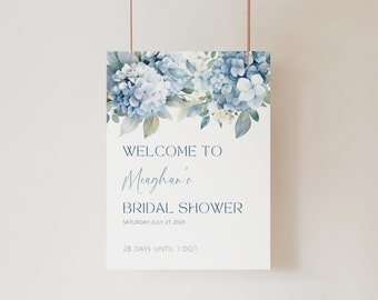 Welcome To Bridal Shower Sign Hydrangea. Dusty Blue Florals Welcome Poster Printable. Something Blue Shower Sign. Editable Template. FLL30