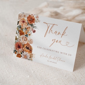 Fall In Love Bridal Shower Thank You Cards. Editable Folded Card Template. Autumn Burnt Orange Floral Printable. Instant Download. FLL20