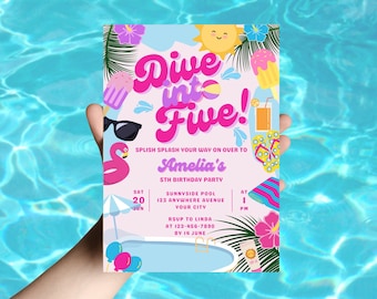 Pool Party Invitation: Dive Into Five, Pink 5th Birthday (Digital Download) HB03