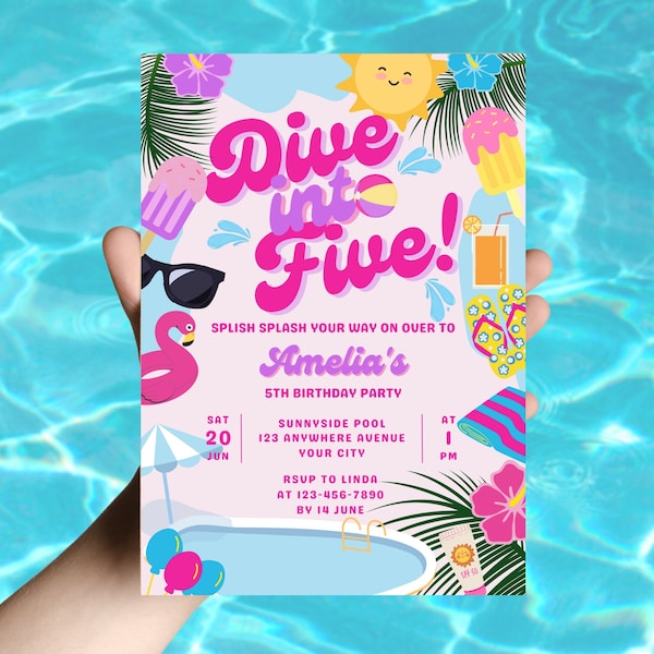 Dive Into Five Birthday Invitation. Girls 5th Birthday Party Invite. Summer Birthday Party. Pink Pool Party Invitation. Swim Party. FLL47