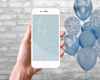 Boho Minimalist Baby Shower Invitation Boy Blue Evite Template Modern Shower Editable Digital Invite Instant Download Electronic. BS60