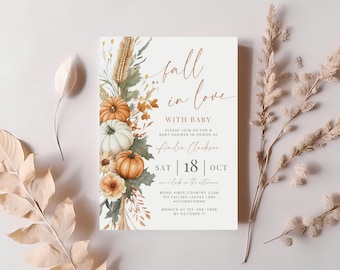 Falling In Love Pumpkin Baby Shower Invitation. Autumn Fall Boho Baby Shower Invite. Printable Gender Neutral Card. Editable Template. BS89