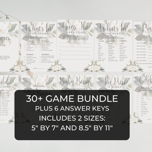 May include: A set of 30+ printable baby shower games in a bundle. The games feature a floral design with white flowers and green leaves. The bundle includes 6 answer keys and comes in two sizes: 5 inches by 7 inches and 8.5 inches by 11 inches.
