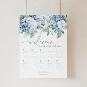 Blue Hydrangea Seating Chart. Elegant Floral Table Arrangement. Wedding Bridal & Baby Shower Find Your Seat Sign. Instant Download. FLL30