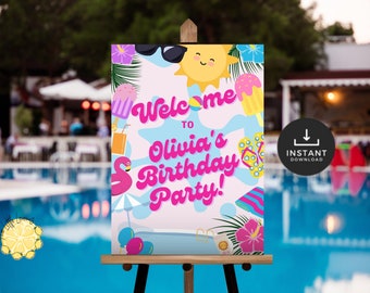 Editable Pool Party Welcome Sign. Splish Splash Girl Pool Party. Summer Swimming Party. Splash Pad Birthday Sign. Instant Download. FLL47