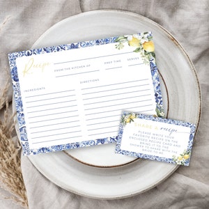 Recipe Card Template Lemon. Printable Mediterranean Blue Tile Recipe Request Card Bundle. Summer Citrus Shower. Digital Download. FLL52