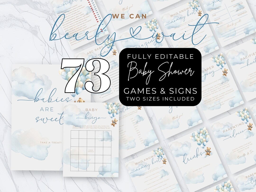 Teddy Bear Baby Shower Games & Signs. Boy Baby Shower Game Bundle. Blue ...