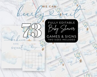 Puede incluir: Una colección de juegos y letreros para baby shower con un tema de acuarela azul y blanco. El texto incluye "bearly wait", "babies are sweet" y "Baby Shower Games & Signs". El número "73" se muestra de forma destacada.