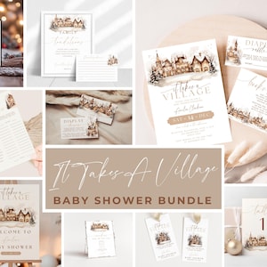 May include: A collection of baby shower stationery with a winter village theme. Includes invitations, games, signage, and tags. The color palette is neutral with brown and beige tones. The text "It Takes A Village" is prominently displayed.