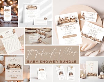 May include: A collection of baby shower stationery with a winter village theme. Includes invitations, games, signage, and tags. The color palette is neutral with brown and beige tones. The text "It Takes A Village" is prominently displayed.