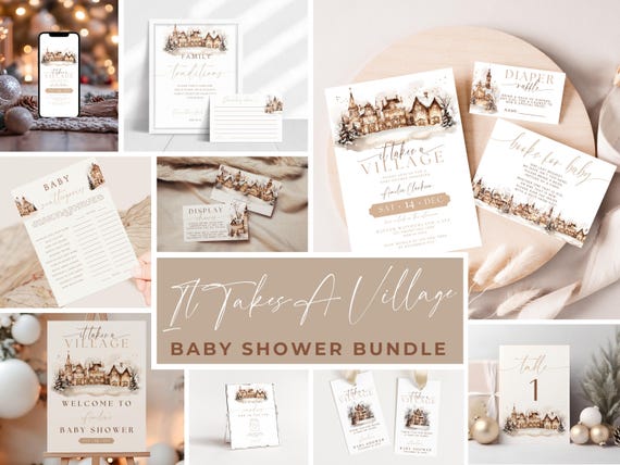It Takes A Village Baby Shower Bundle. Editable Winter Wonderland Theme. Holiday December Baby Invitation Games Signs Favors Template. BS22