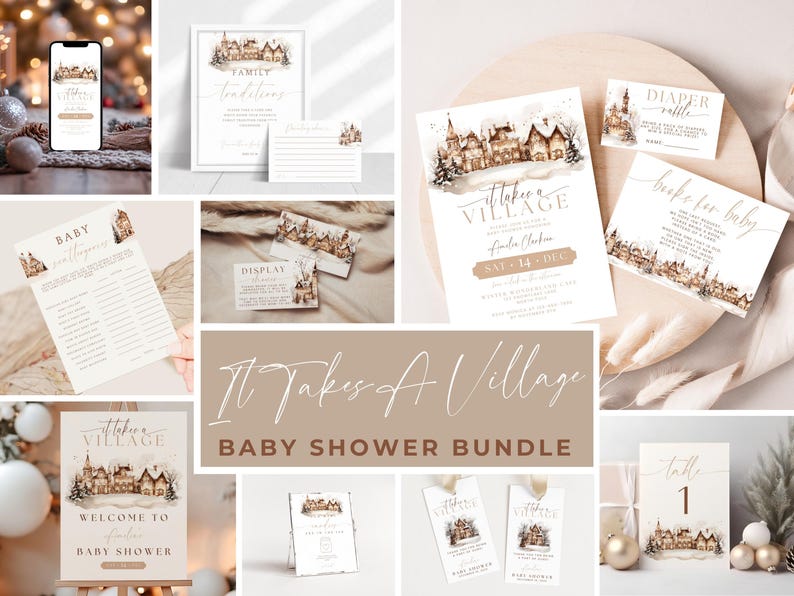 May include: A collection of baby shower stationery with a winter village theme. Includes invitations, games, signage, and tags. The color palette is neutral with brown and beige tones. The text "It Takes A Village" is prominently displayed.