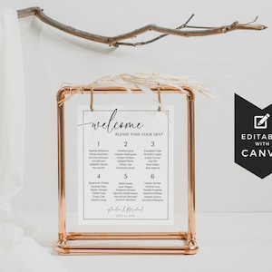 May include: A white wedding seating chart with a copper pipe frame. The chart is titled "Welcome" and has the text "Please find your seat". The chart lists guest names in six columns labelled with numbers 1 through 6. The chart also includes the text "[Bride's name] & [Groom's name]" and the date "July 15, 2023".