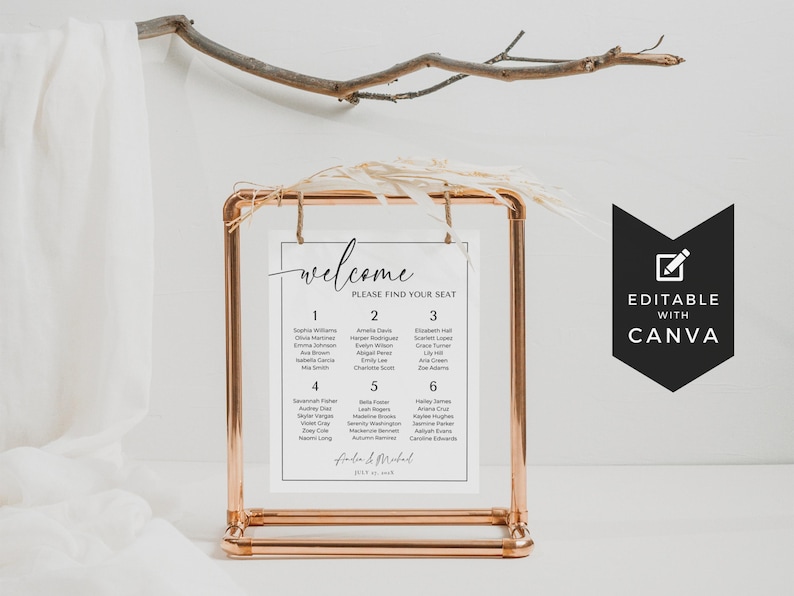 May include: A white wedding seating chart with a copper pipe frame. The chart is titled "Welcome" and has the text "Please find your seat". The chart lists guest names in six columns labelled with numbers 1 through 6. The chart also includes the text "[Bride's name] & [Groom's name]" and the date "July 15, 2023".