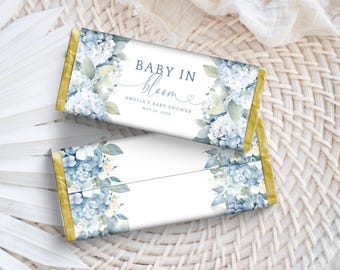 Blue Baby In Bloom Favor. Chocolate Bar Wrapper Template. Dusty Blue Florals Printable Candy Bar Label. Spring Baby Boy Shower. BS30