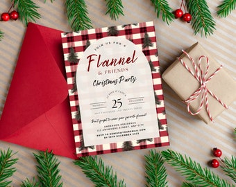 May include: A festive invitation for a "Flannel & Friends Christmas Party" with a red and black plaid border. The invitation includes the date, December 25, and event details. A red envelope and wrapped gift with red and white twine are also in the image.