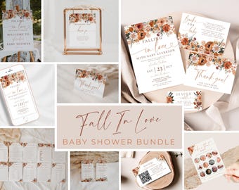 Falling In Love Baby Shower Bundle. Autumn Florals Fall In Love With Baby Theme. Invite Games Signs & Decorations. Editable Template. BS20