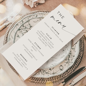 Menú de despedida de soltera mínimo. Tarjeta de menú de cena de boda mínima. Decoración de mesa imprimible. Plantilla editable sencilla y moderna. Descarga instantánea. GRD