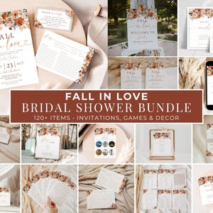 Peut inclure: Ensemble de papeterie pour une fête prénuptiale sur le thème de l'automne. Les créations comprennent des invitations, des panneaux de bienvenue, des cartes de recettes et des jeux. Le texte "Fall in Love" est mis en avant, avec des motifs floraux orange et marron. Plus de 120 articles.
