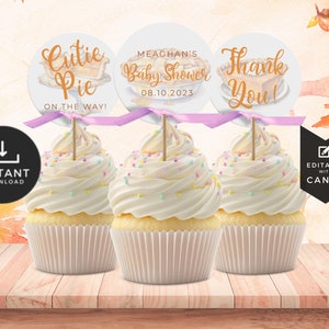 Personalizowane ozdoby na babeczki. Słodki Baby Shower. Edytowalny szablon upominków. Dekoracja na jesienne przyjęcie. Neutralne pod względem płci. Wydrukowana ozdoba na tort. BS48