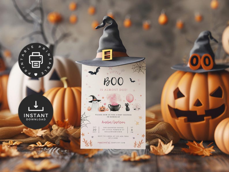 May include: A rectangular baby shower invitation card featuring the text A LITTLE BOO IS ALMOST DUE, decorated with illustrations of a ghost in a witch hat, a black cauldron, a black cat, and pumpkins, topped with a black witch hat graphic.