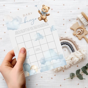 We Can Bearly Wait Baby Bingo. Boho Blue Bbay Shower Game Card. Boy Teddy Bear Balloon Decor. Instant Digital Download. Printable. BS18