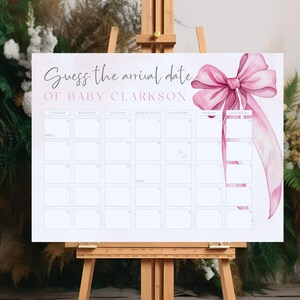 Guess The Due Date Calendar Canva. Pink Coquette Bow Baby Shower Decor. Guess Baby's Birth Date Baby Pool. Girl Baby Shower Poster. BS02
