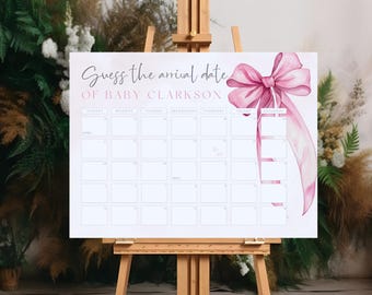 Pink Bow Baby Shower Due Date Calendar, Guessing Game (Edit in Canva Digital Download) BS2P