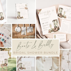 May include: A bridal shower bundle with the theme "Boots & Bubbly". The bundle includes a welcome sign, invitations, thank you cards, games, and other printable items featuring a watercolor illustration of cowboy boots and champagne glasses.