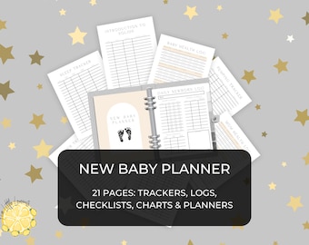 Może przedstawiać: Czarno-biały planner do wydrukowania dla nowych rodziców. Okładka zawiera tekst "New Baby Planner" i parę śladów stóp dziecka. Planner zawiera 21 stron z trackerami, dziennikami, listami kontrolnymi, wykresami i planami.