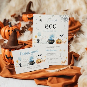 A Little Boo Is Almost Due Baby Shower Invitation Bundle Boy. Printable Halloween Blue Ghost Invite Set. Editable Instant Download. BS81