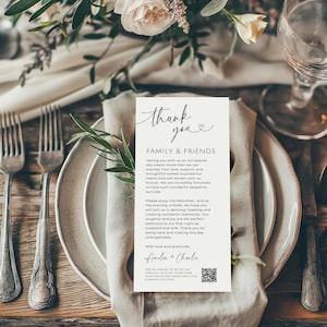 Tarjeta de agradecimiento para boda con código QR. Tarjeta de agradecimiento imprimible para la mesa de recepción. Tarjeta de cena minimalista moderna. Plantilla editable. WTL