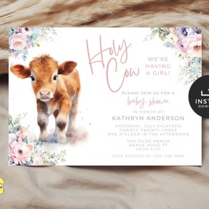 Holy Cow Baby Shower Girl. Pink Holy Cow Baby Shower Invitation. Editable Invite. Girl Baby Shower. Barnyard Animal Farm Baby Shower. BS40