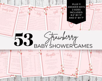 May include: A set of 53 printable baby shower games with a strawberry theme. The games include "Baby Family Feud", "What's in Your Phone", "Tales", "Diaper Thoughts", "Don't Say Baby", and "Baby Tune".