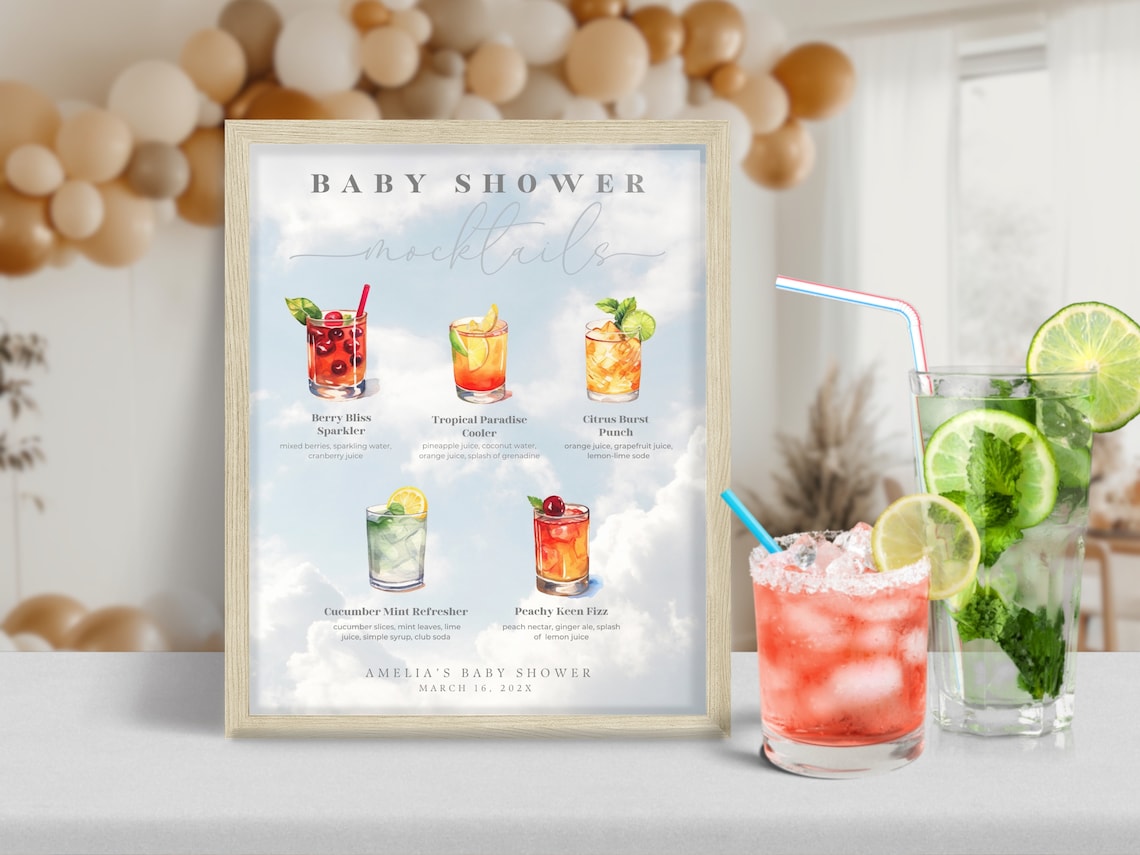 Baby Shower Mocktail. We're on Cloud 9 Baby Shower. Instant Download. Printable Menu. Editable Sign. Gender Neutral. Signature Drinks. BS04 image 1