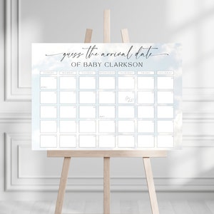 Guess The Due Date Poster Calender Game. We're On Cloud Nine Baby Shower Sign. Blue Birthday Prediction Board. Boy Party Decoration. BS04
