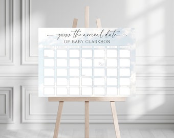 Guess The Due Date Poster Calender Game. We're On Cloud Nine Baby Shower Sign. Blue Birthday Prediction Board. Boy Party Decoration. BS4B