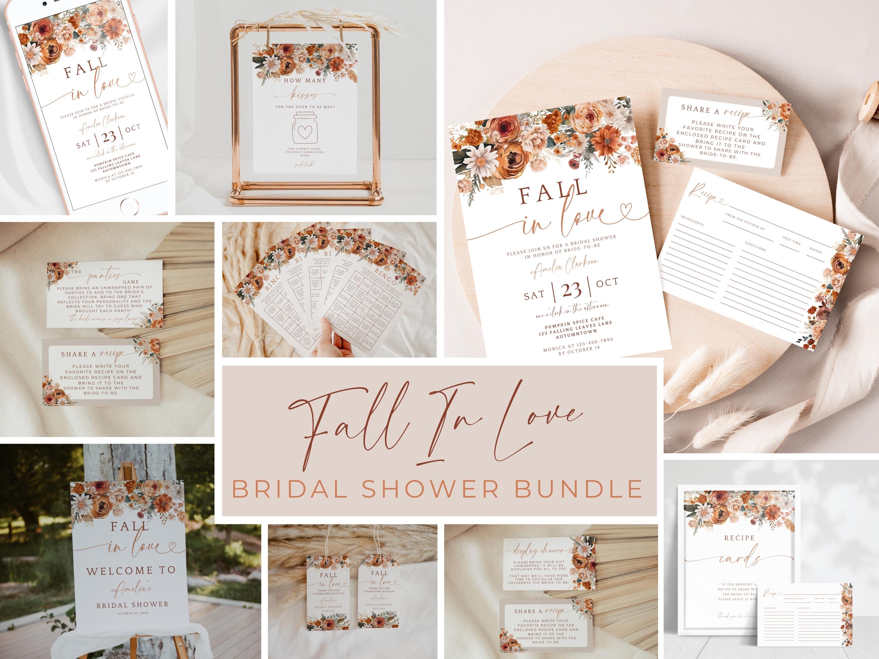 Fall In Love Bridal Shower Bundle. Autumn Floral Invitation Template. Printable Fall Wedding Shower Games. Boho Bridal Decor Suite. FLL20