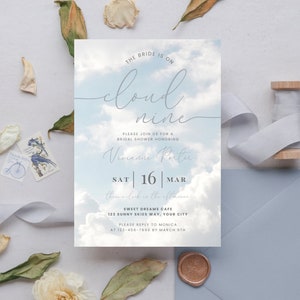Cloud 9 Bridal Shower Invite. The Bride Is On Cloud Nine. Editable Invitation Template. Instant Digital Download. Printable. 4 by 6. FLL04