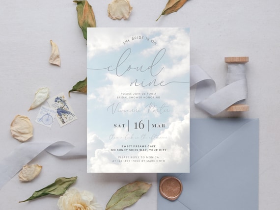 Cloud 9 Bridal Shower Invite. The Bride Is On Cloud Nine. Editable Invitation Template. Instant Digital Download. Printable. 4 by 6. FLL04