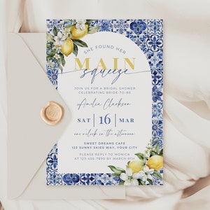 Mediterranean Lemon Bridal Shower Invitation. Printable Blue Italian Tiles Wedding Shower Invite. Editable Template. Instant Download. FLL52