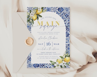 Mediterranean Lemon Bridal Shower Invitation. Printable Blue Italian Tiles Wedding Shower Invite. Editable Template. Instant Download. FLL52