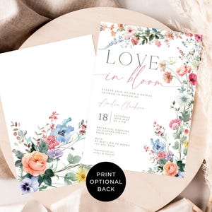 May include: A bridal shower invitation with floral watercolor design. The invitation features the words "Love in Bloom" and event details. The design includes pink, blue, and yellow flowers. A matching blank card is also included.