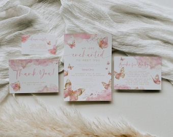 Enchanted To Meet You Baby Shower Bundle. Editable Pink Butterfly Invitation Set. Instant Download. Diaper Raffle. Books For Baby. BS64