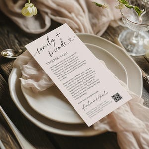 Hochzeit Danke Platzkarte QR-Code. Druckbares Empfang-Gedeck Danke. Moderne minimalistische Tischkarte. Bearbeitbare Vorlage. WTL